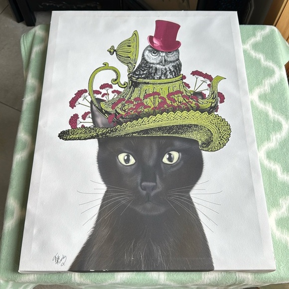 Fab Funky Other - Charming Black Cat in a hat with an owl Art Print